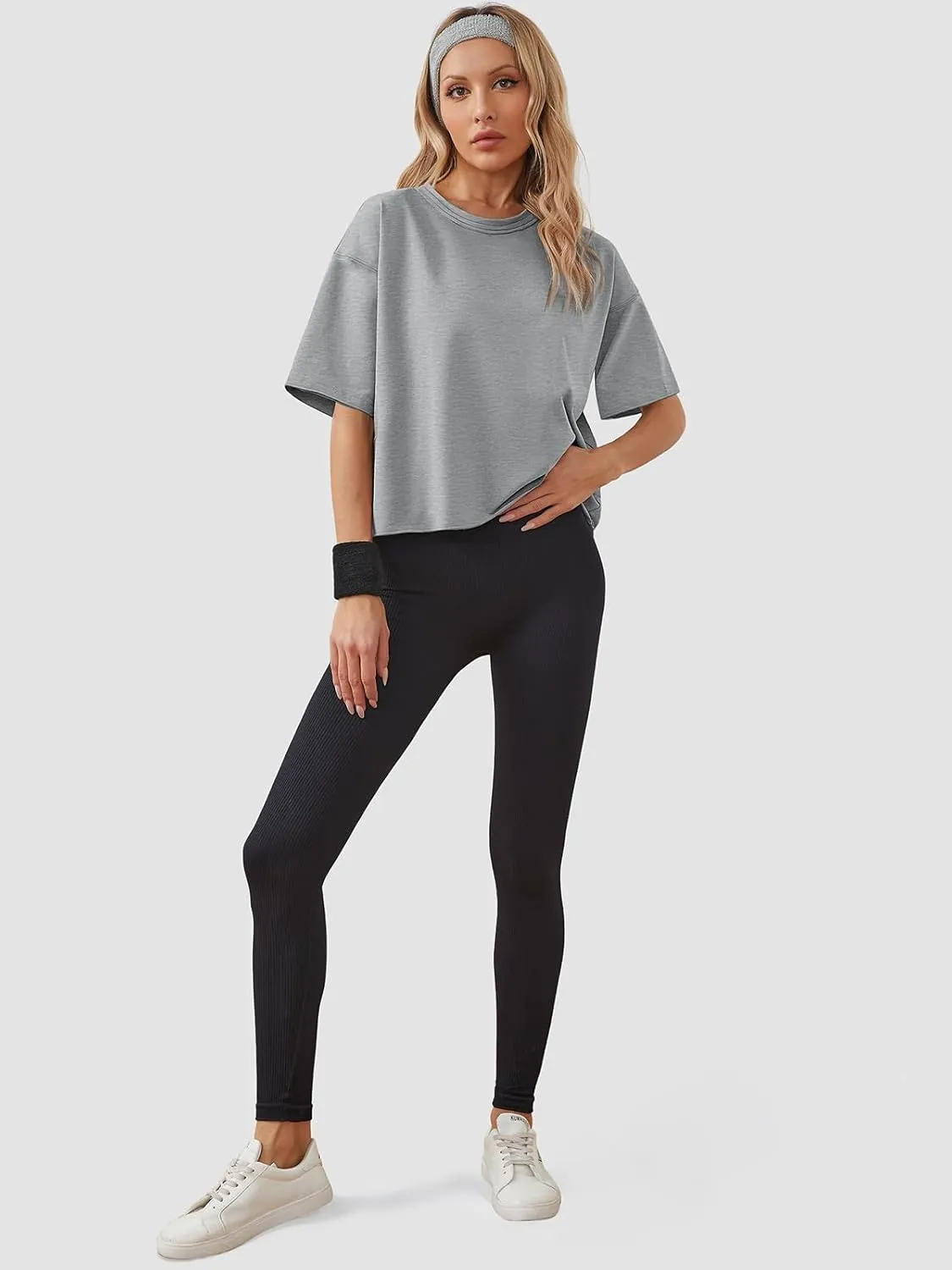 Women's Oversize Workout Crop Tops Casual Short Sleeve Drop Shoulder Boxy T-Shirts Roll Hem Basic Loose Yoga Running Tees