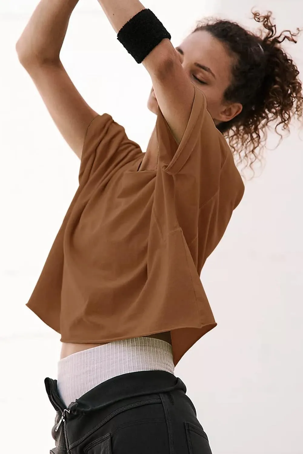 Women's Oversize Workout Crop Tops Casual Short Sleeve Drop Shoulder Boxy T-Shirts Roll Hem Basic Loose Yoga Running Tees