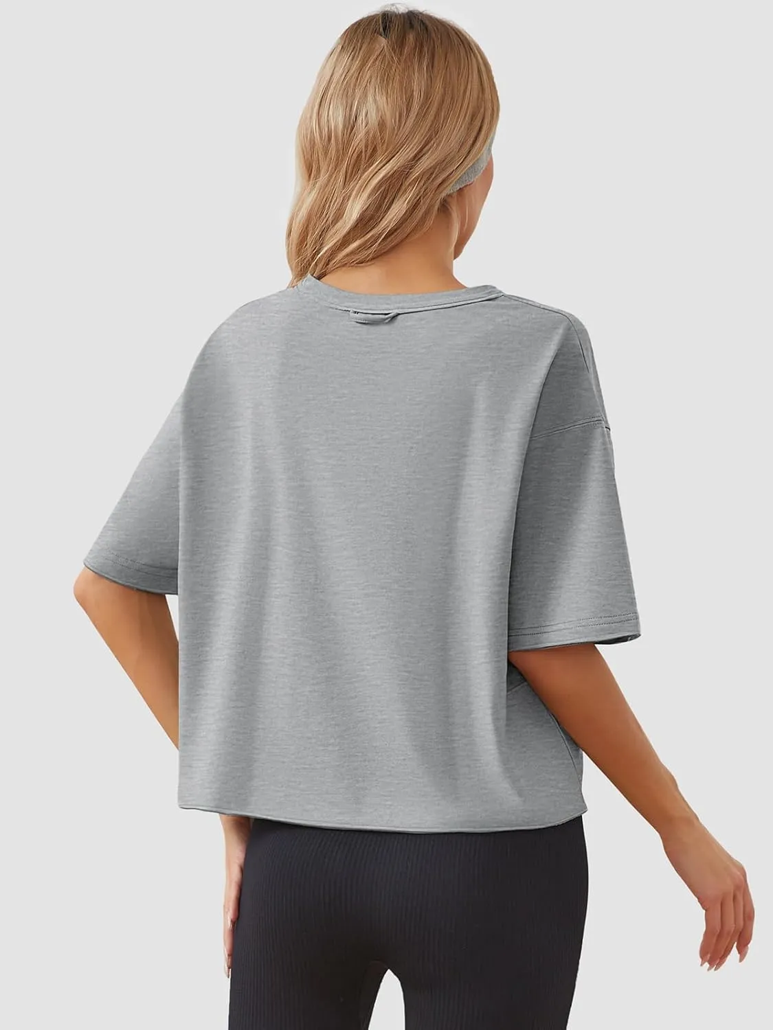 Women's Oversize Workout Crop Tops Casual Short Sleeve Drop Shoulder Boxy T-Shirts Roll Hem Basic Loose Yoga Running Tees