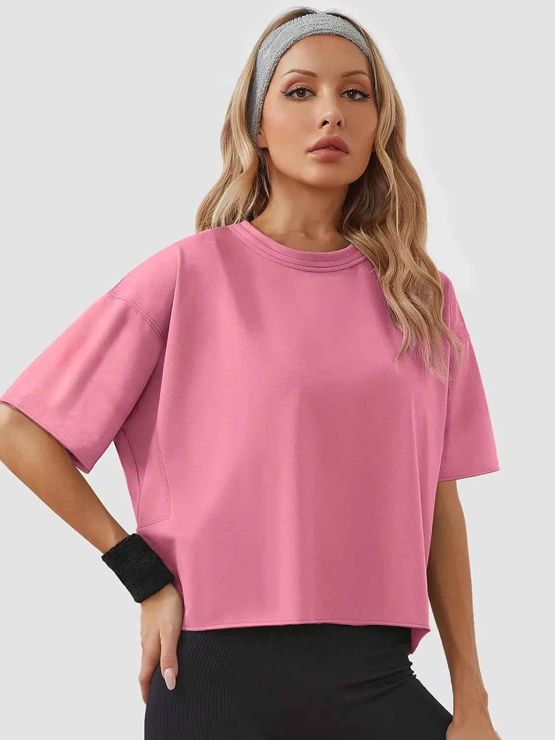 Women's Oversize Workout Crop Tops Casual Short Sleeve Drop Shoulder Boxy T-Shirts Roll Hem Basic Loose Yoga Running Tees