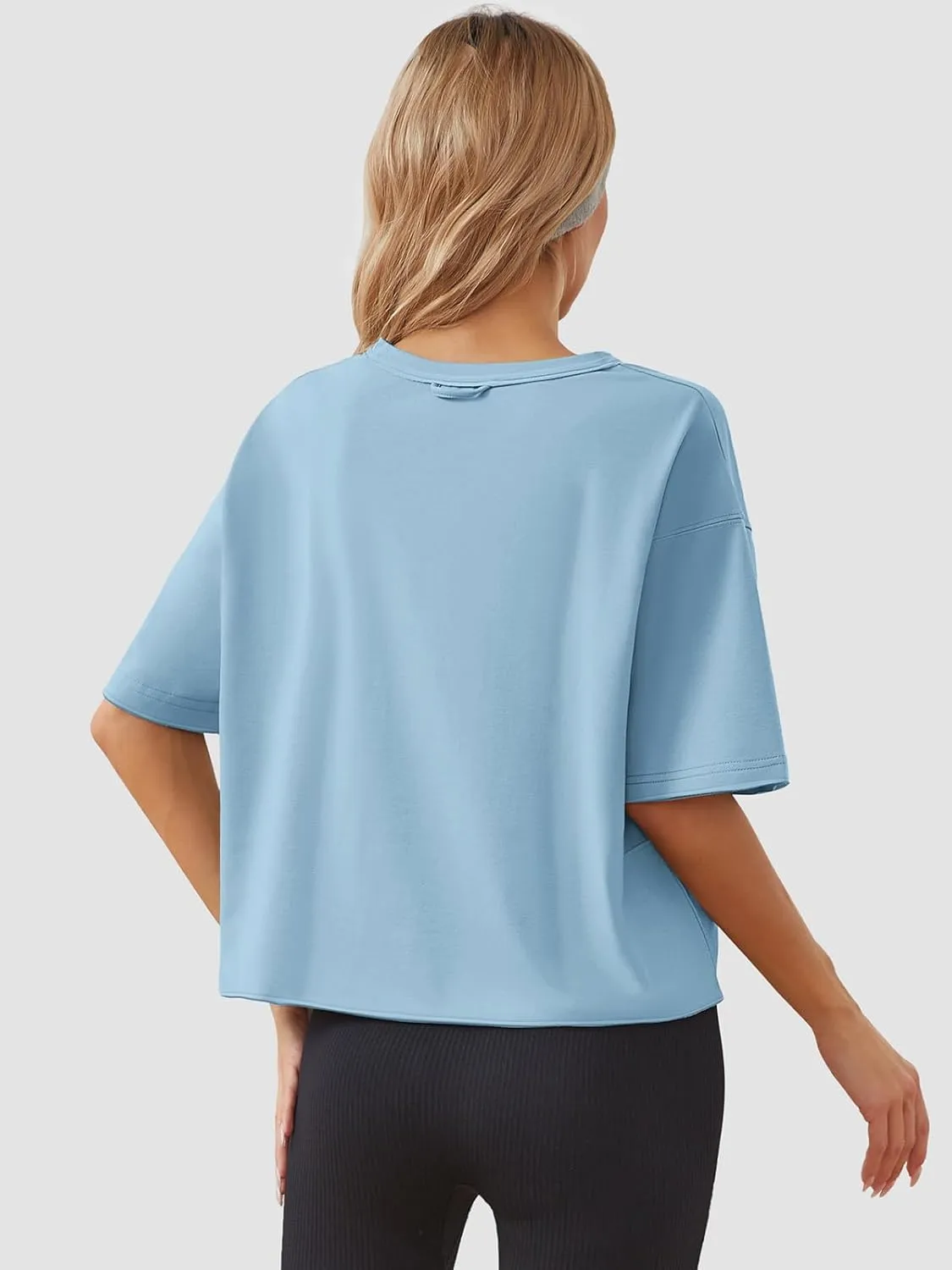 Women's Oversize Workout Crop Tops Casual Short Sleeve Drop Shoulder Boxy T-Shirts Roll Hem Basic Loose Yoga Running Tees