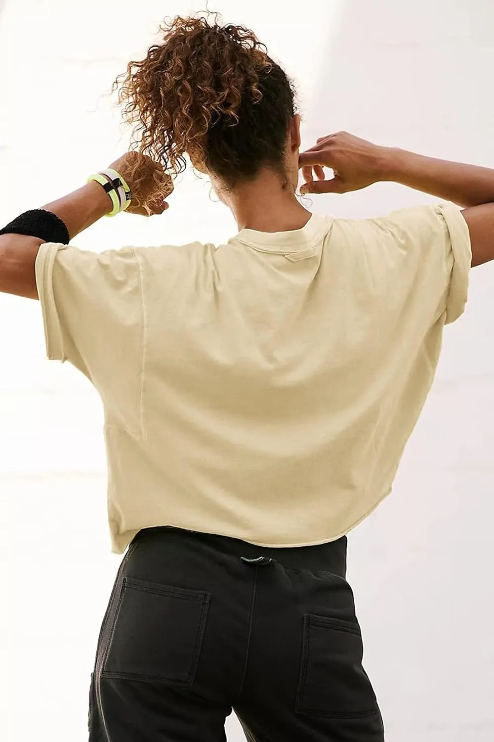 Women's Oversize Workout Crop Tops Casual Short Sleeve Drop Shoulder Boxy T-Shirts Roll Hem Basic Loose Yoga Running Tees