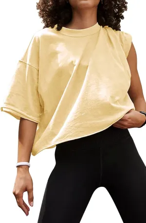 Women's Oversize Workout Crop Tops Casual Short Sleeve Drop Shoulder Boxy T-Shirts Roll Hem Basic Loose Yoga Running Tees