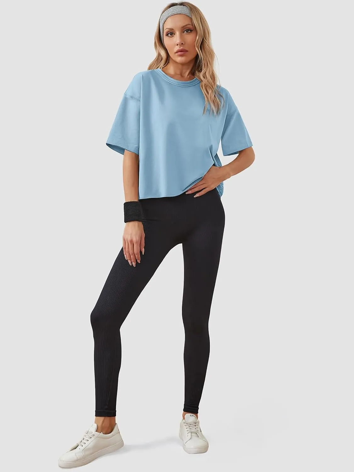 Women's Oversize Workout Crop Tops Casual Short Sleeve Drop Shoulder Boxy T-Shirts Roll Hem Basic Loose Yoga Running Tees