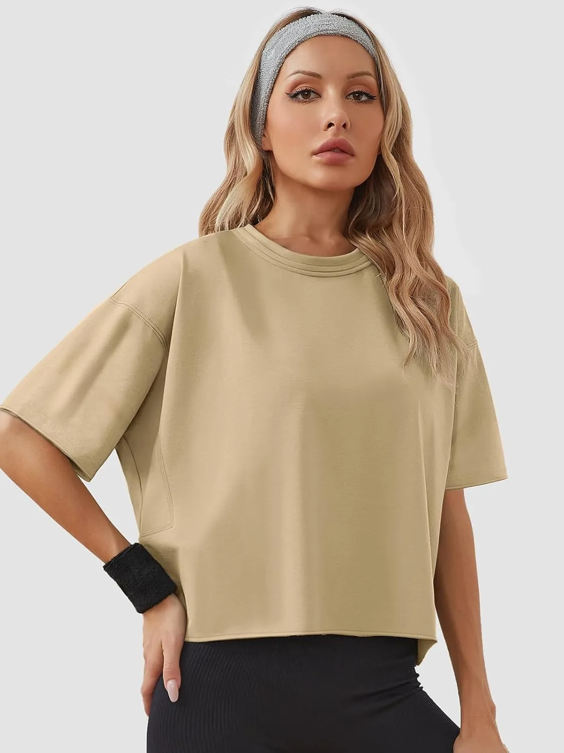 Women's Oversize Workout Crop Tops Casual Short Sleeve Drop Shoulder Boxy T-Shirts Roll Hem Basic Loose Yoga Running Tees