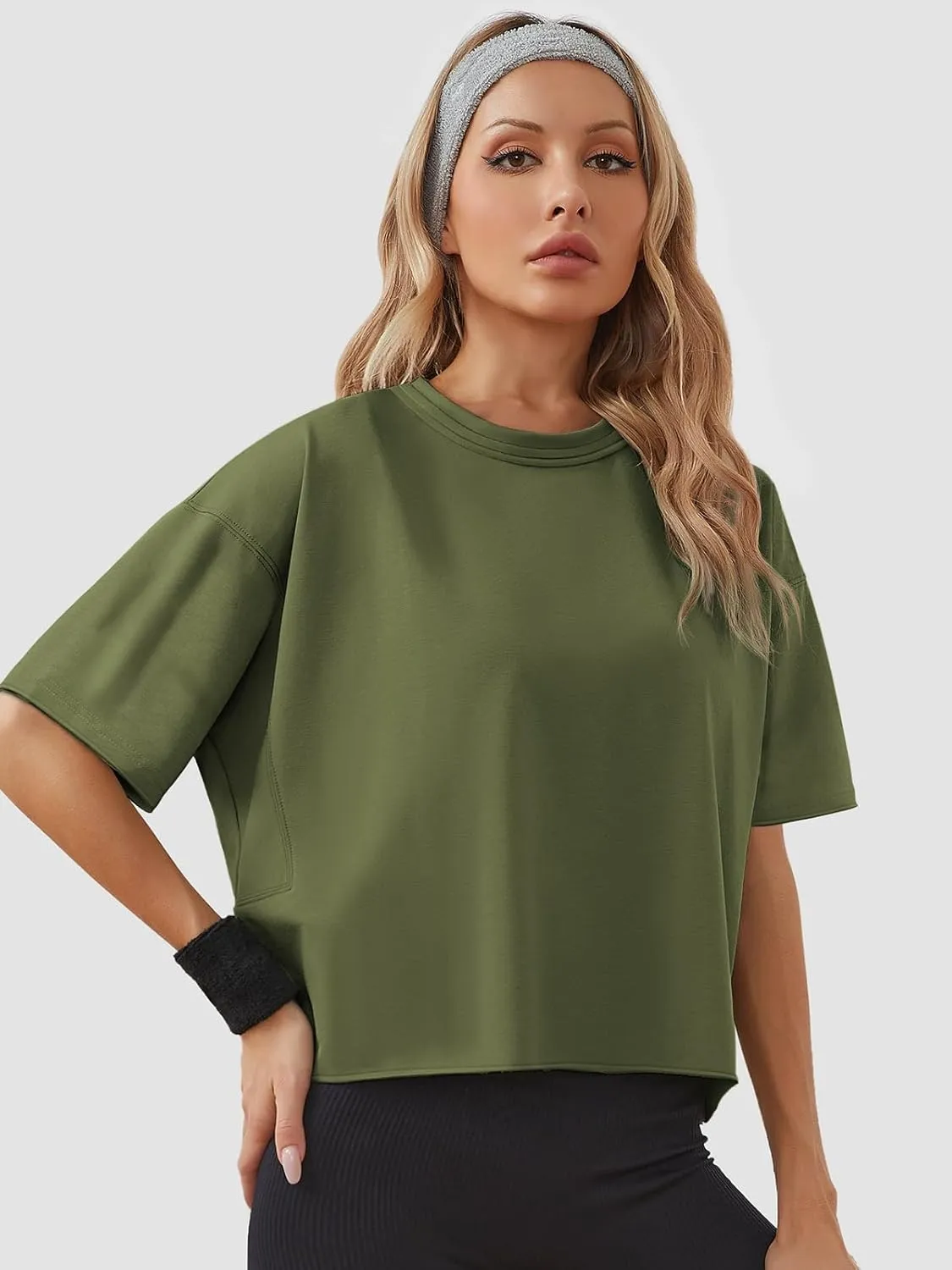 Women's Oversize Workout Crop Tops Casual Short Sleeve Drop Shoulder Boxy T-Shirts Roll Hem Basic Loose Yoga Running Tees