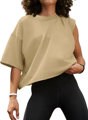 Women's Oversize Workout Crop Tops Casual Short Sleeve Drop Shoulder Boxy T-Shirts Roll Hem Basic Loose Yoga Running Tees