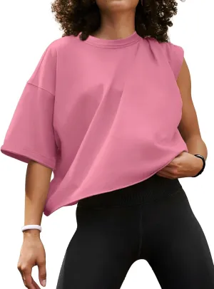 Women's Oversize Workout Crop Tops Casual Short Sleeve Drop Shoulder Boxy T-Shirts Roll Hem Basic Loose Yoga Running Tees