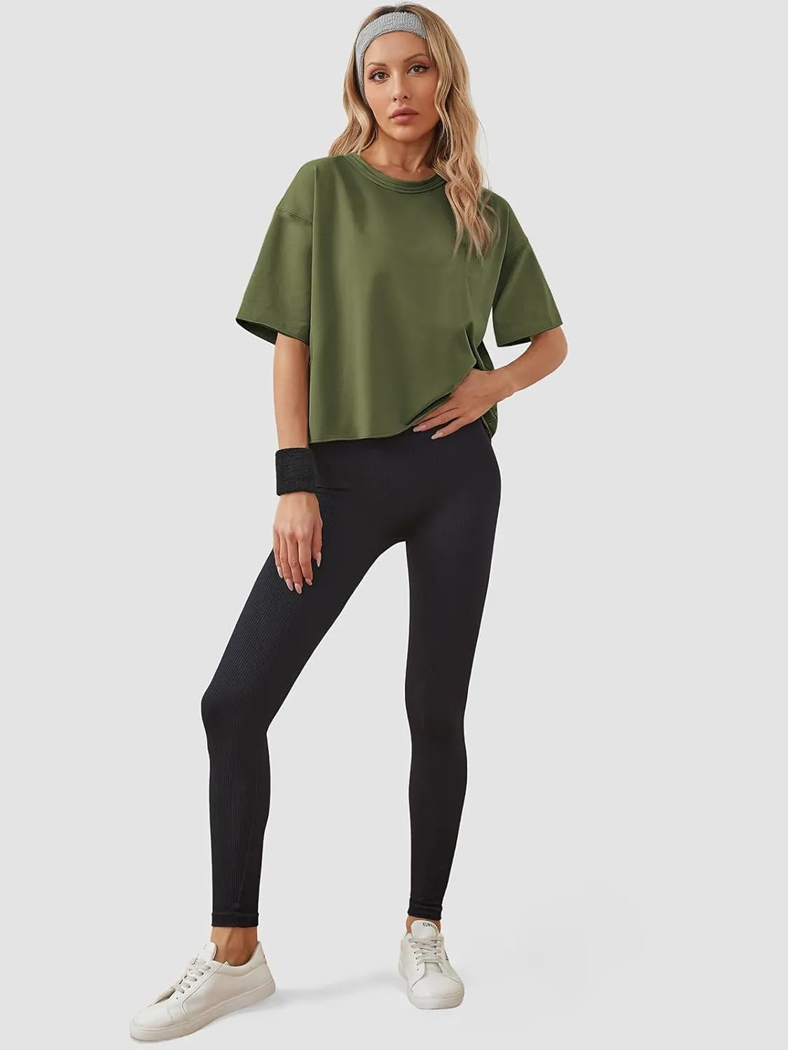 Women's Oversize Workout Crop Tops Casual Short Sleeve Drop Shoulder Boxy T-Shirts Roll Hem Basic Loose Yoga Running Tees