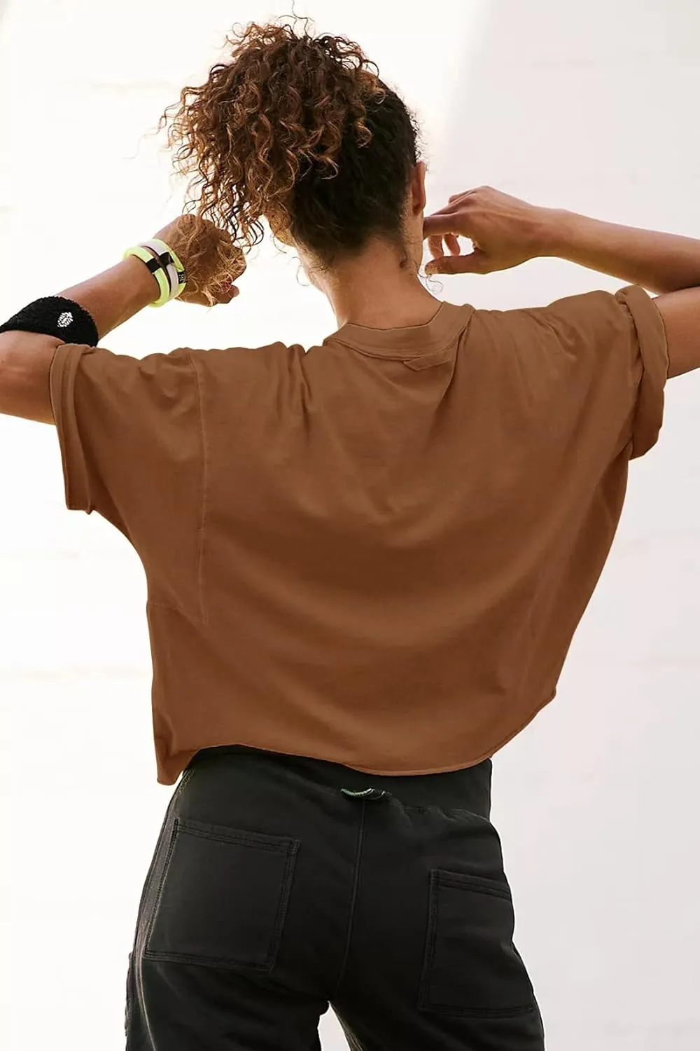Women's Oversize Workout Crop Tops Casual Short Sleeve Drop Shoulder Boxy T-Shirts Roll Hem Basic Loose Yoga Running Tees