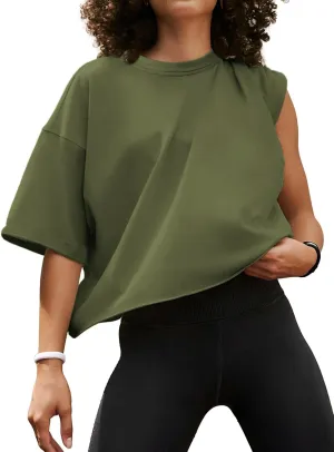 Women's Oversize Workout Crop Tops Casual Short Sleeve Drop Shoulder Boxy T-Shirts Roll Hem Basic Loose Yoga Running Tees
