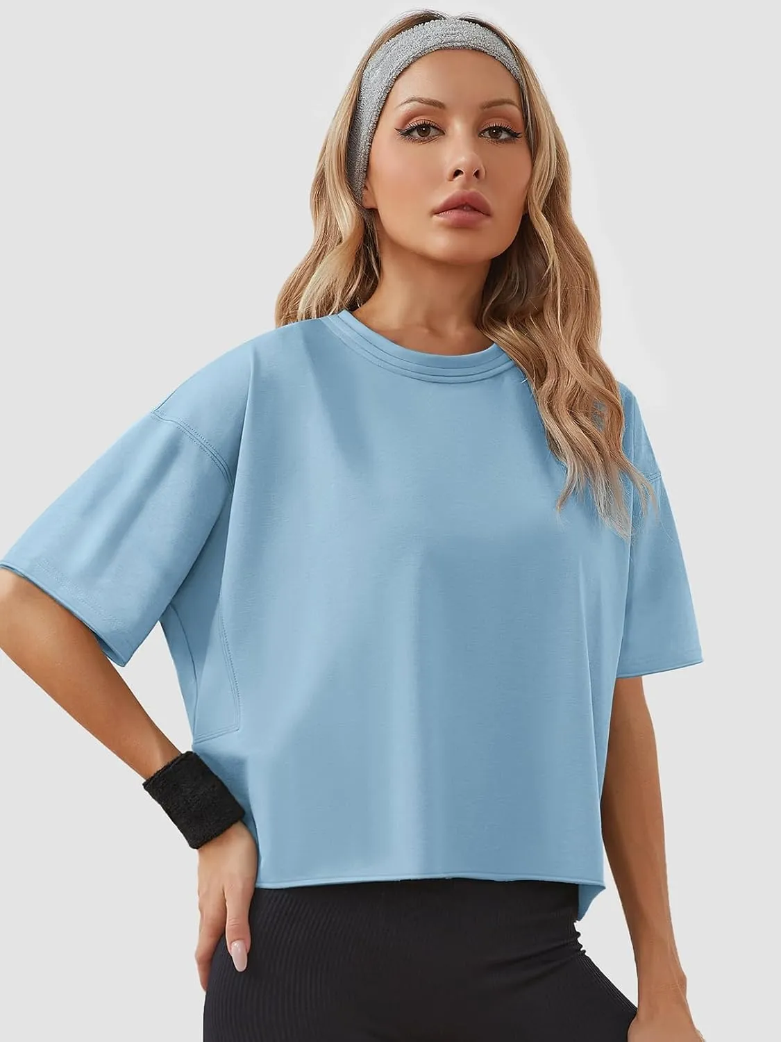 Women's Oversize Workout Crop Tops Casual Short Sleeve Drop Shoulder Boxy T-Shirts Roll Hem Basic Loose Yoga Running Tees