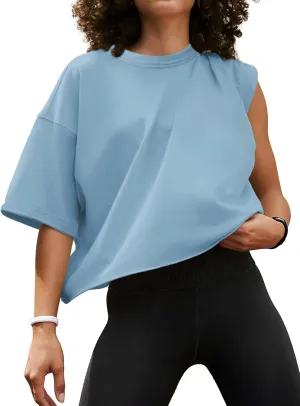 Women's Oversize Workout Crop Tops Casual Short Sleeve Drop Shoulder Boxy T-Shirts Roll Hem Basic Loose Yoga Running Tees