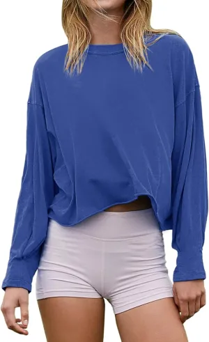 Women's Oversize Workout Crop Tops Short Sleeve Crewneck Drop Shoulder Boxy T Shirts Summer Casual Solid Basic Tees