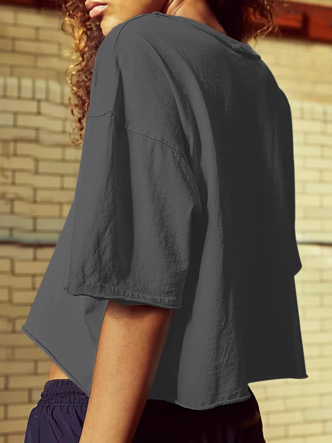 Women's Oversize Workout Crop Tops Short Sleeve Crewneck Drop Shoulder Boxy T Shirts Summer Casual Solid Basic Tees