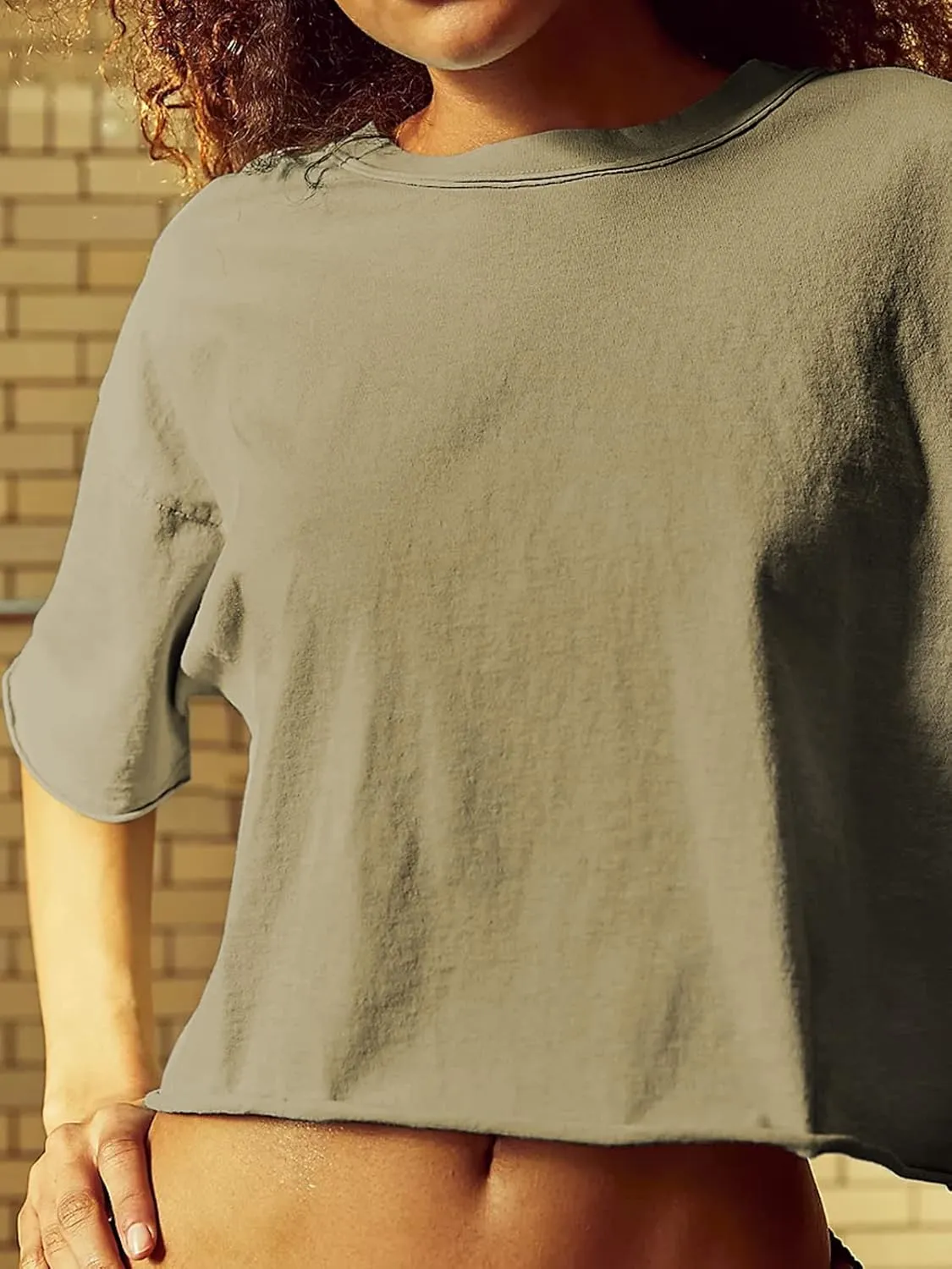 Women's Oversize Workout Crop Tops Short Sleeve Crewneck Drop Shoulder Boxy T Shirts Summer Casual Solid Basic Tees