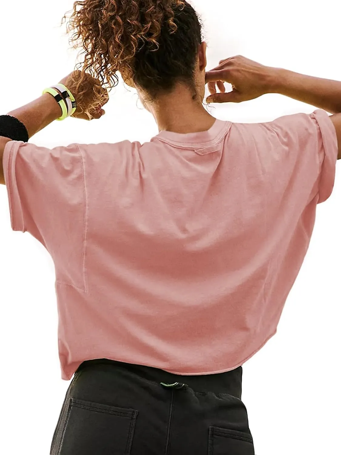 Women's Oversize Workout Crop Tops Short Sleeve Crewneck Drop Shoulder Boxy T Shirts Summer Casual Solid Basic Tees
