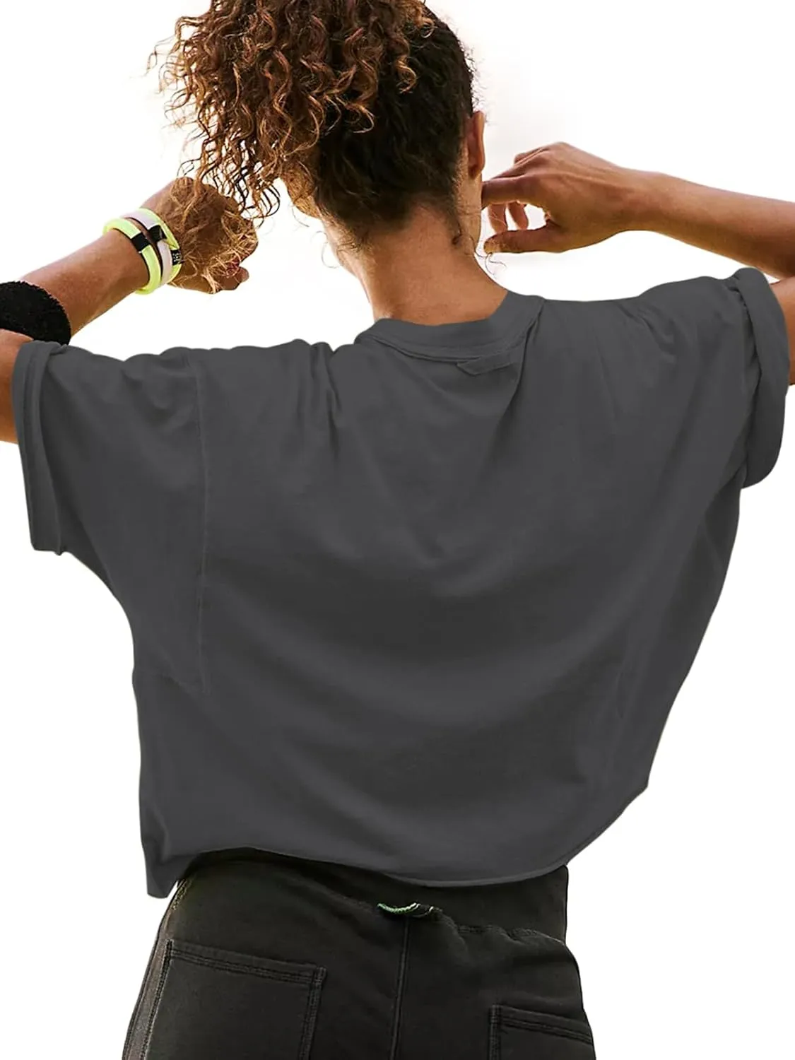 Women's Oversize Workout Crop Tops Short Sleeve Crewneck Drop Shoulder Boxy T Shirts Summer Casual Solid Basic Tees
