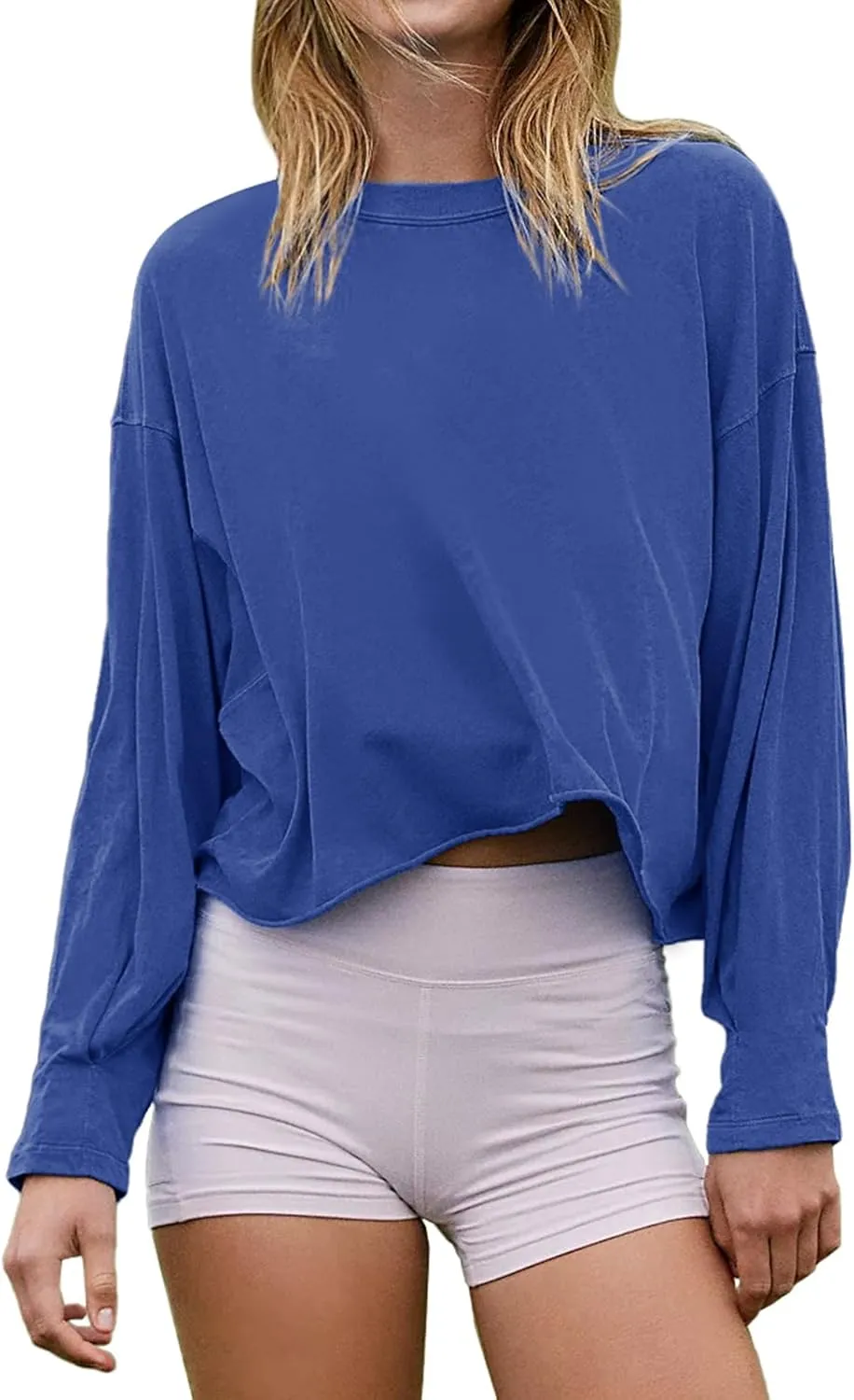 Women's Oversize Workout Crop Tops Short Sleeve Crewneck Drop Shoulder Boxy T Shirts Summer Casual Solid Basic Tees