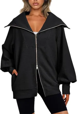 Women's Oversized Full Zip Sweatshirts Fall Casual Loose Jackets Outfits 2023 Winter Thicken Trendy Tops with Pockets