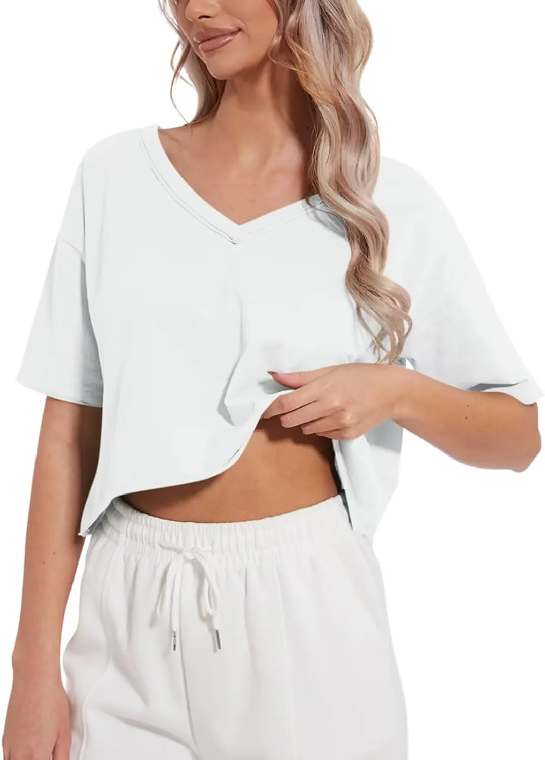 Womens Oversized V Neck Crop Tops Cotton Short Sleeve Boxy T-Shirts Workout Tops Tees 2025 Spring Summer Tops