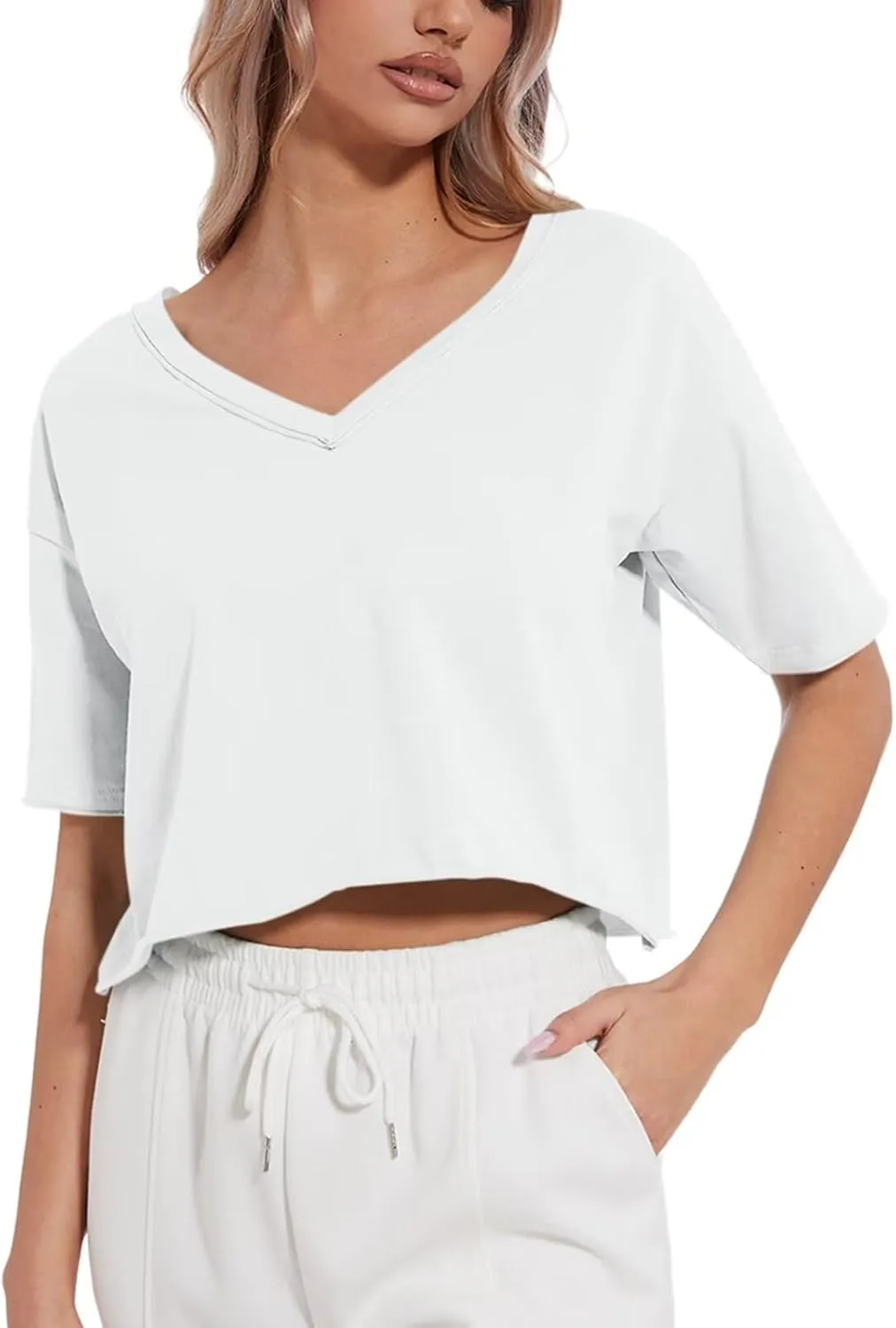 Womens Oversized V Neck Crop Tops Cotton Short Sleeve Boxy T-Shirts Workout Tops Tees 2025 Spring Summer Tops