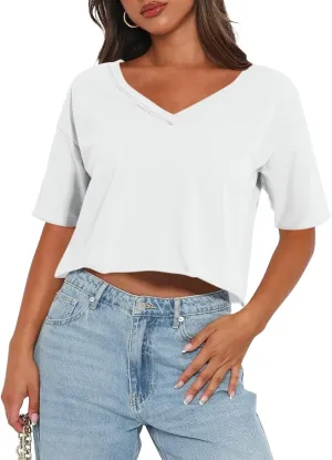 Womens Oversized V Neck Crop Tops Cotton Short Sleeve Boxy T-Shirts Workout Tops Tees 2025 Spring Summer Tops