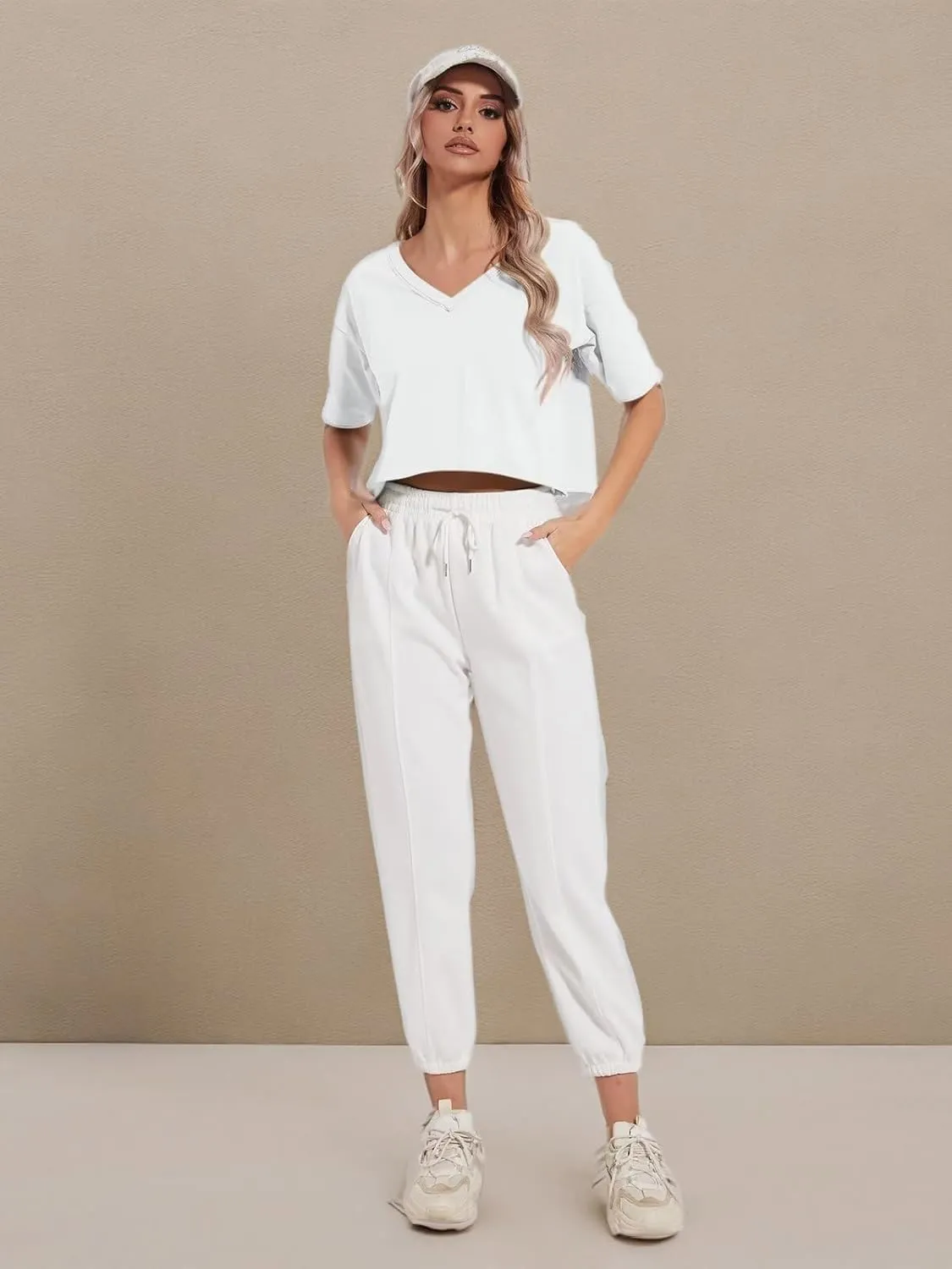 Womens Oversized V Neck Crop Tops Cotton Short Sleeve Boxy T-Shirts Workout Tops Tees 2025 Spring Summer Tops