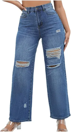 Women’s Ripped Jeans High Waisted Stretchy Distressed Baggy Straight Wide Leg Denim Pants 90s Outfits Going Out Pants