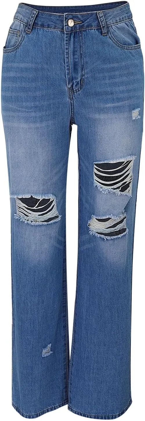 Women’s Ripped Jeans High Waisted Stretchy Distressed Baggy Straight Wide Leg Denim Pants 90s Outfits Going Out Pants