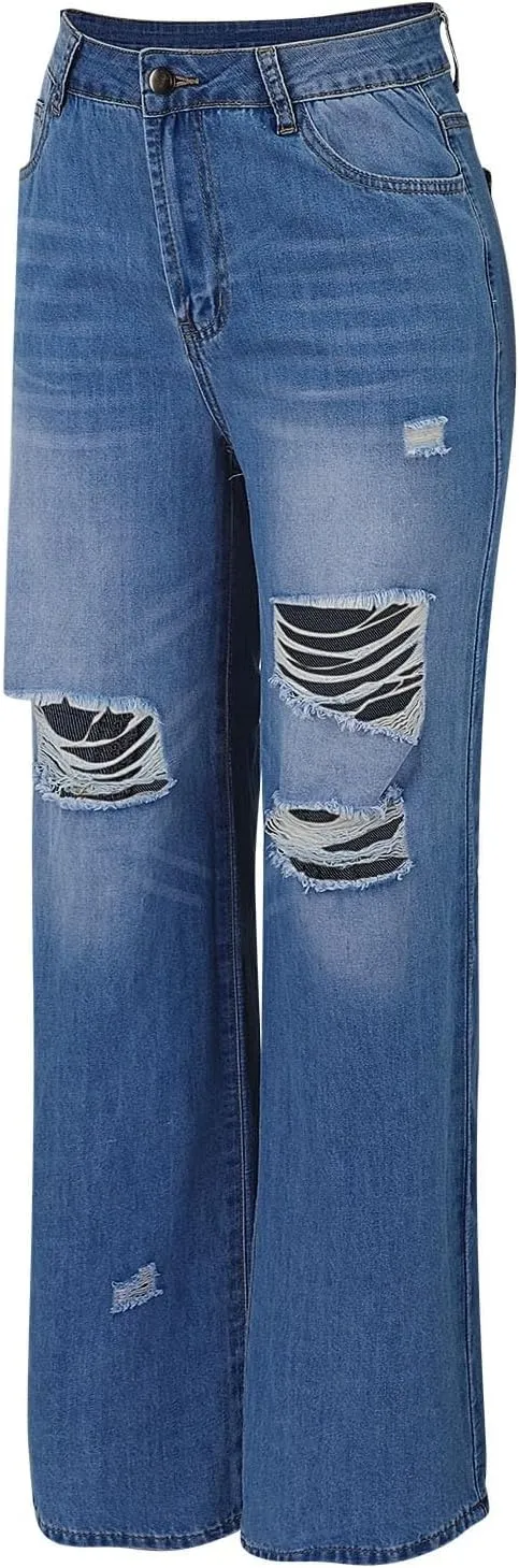 Women’s Ripped Jeans High Waisted Stretchy Distressed Baggy Straight Wide Leg Denim Pants 90s Outfits Going Out Pants