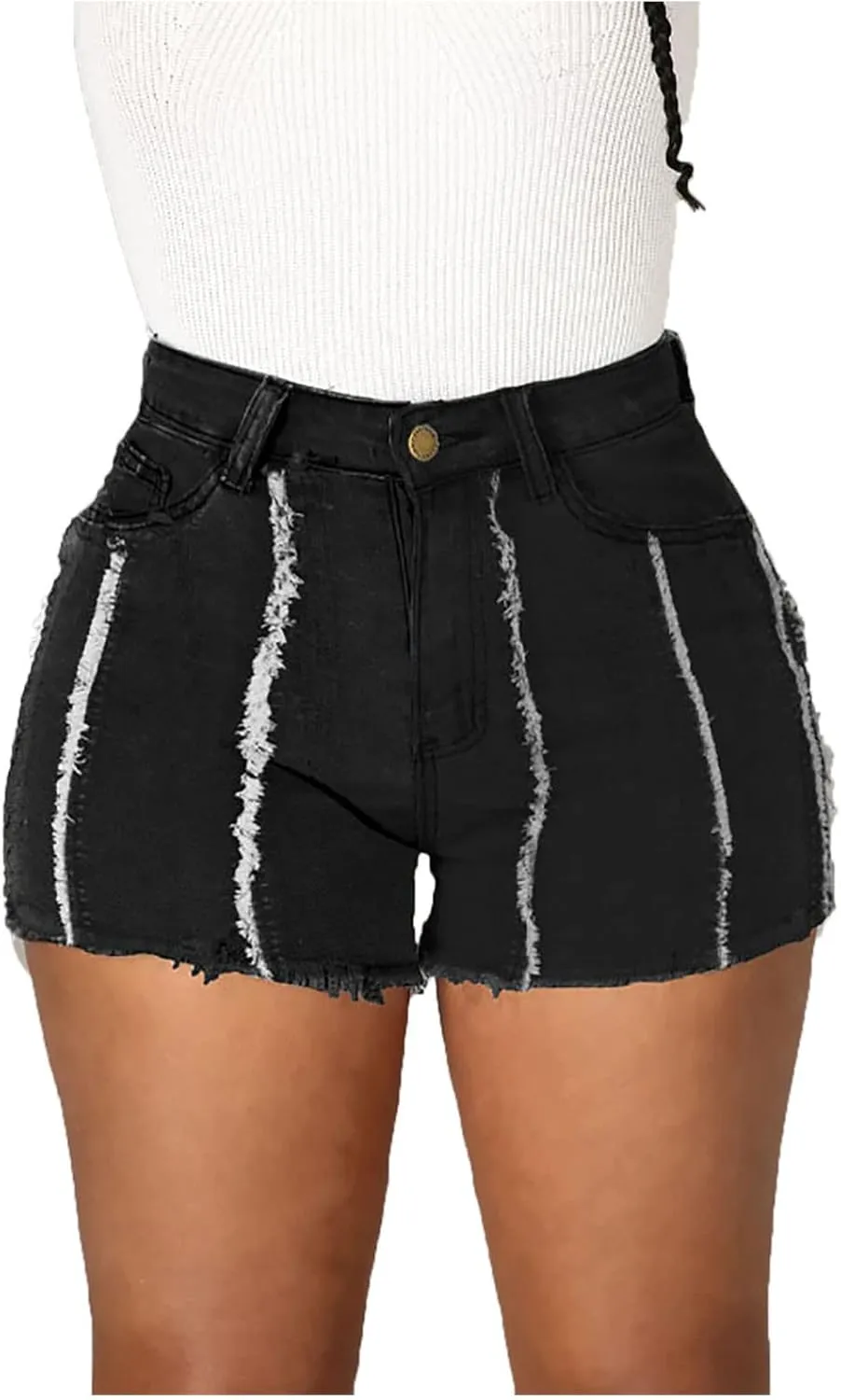Women's Ripped Striped Denim Shorts Stretchy High Waisted Hem Frayed Distressed Jeans Short Hot Pants with Pockets