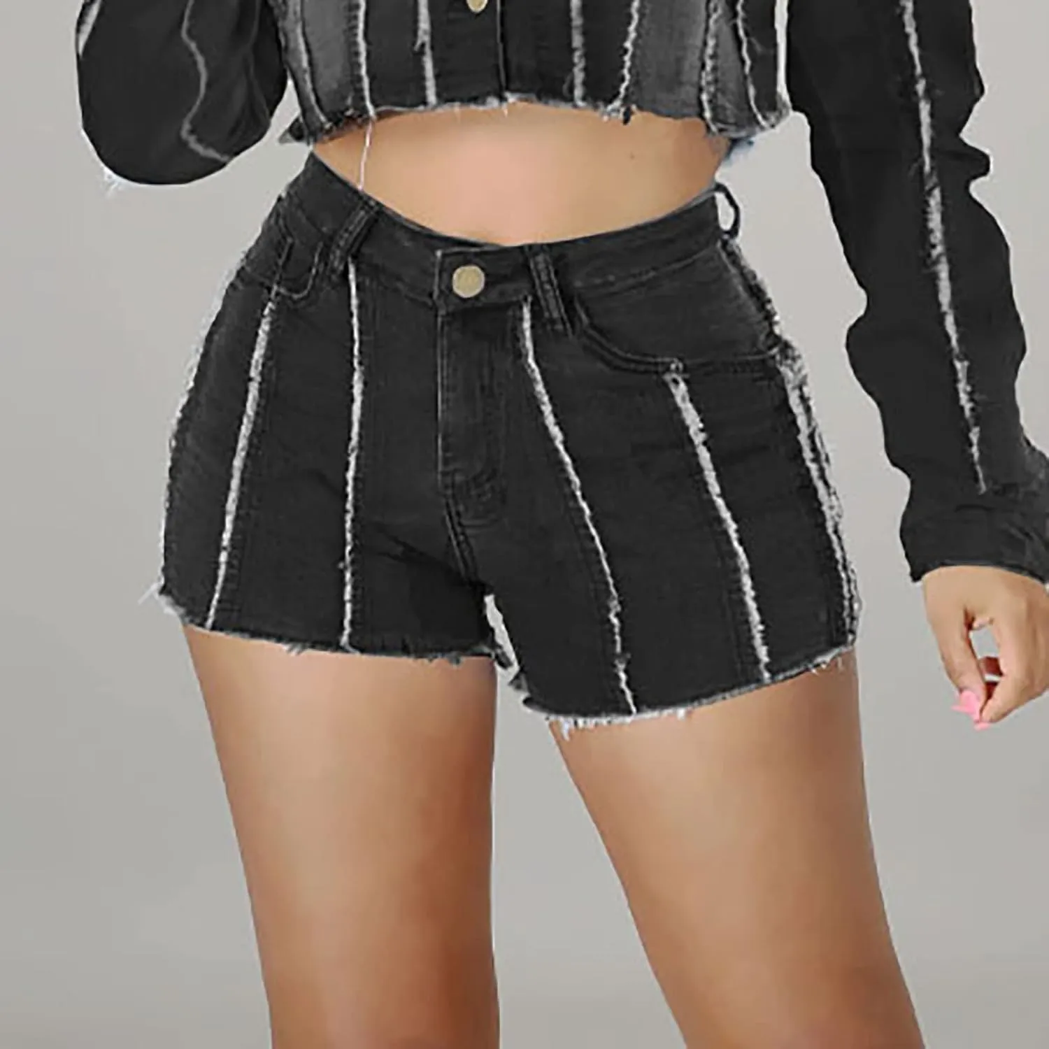 Women's Ripped Striped Denim Shorts Stretchy High Waisted Hem Frayed Distressed Jeans Short Hot Pants with Pockets