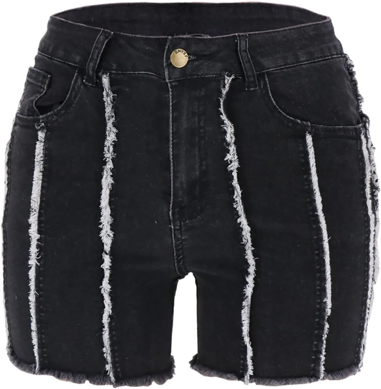 Women's Ripped Striped Denim Shorts Stretchy High Waisted Hem Frayed Distressed Jeans Short Hot Pants with Pockets