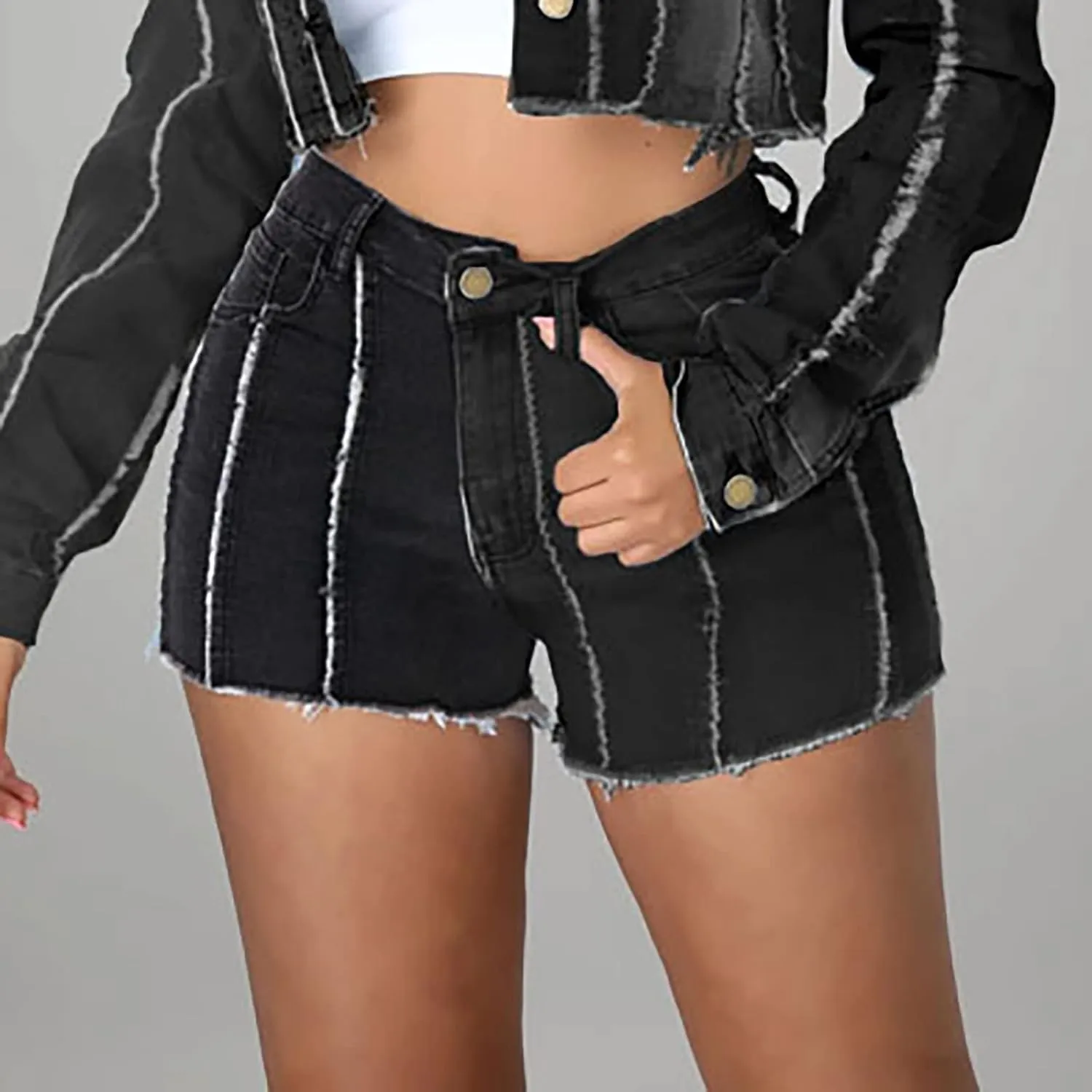 Women's Ripped Striped Denim Shorts Stretchy High Waisted Hem Frayed Distressed Jeans Short Hot Pants with Pockets