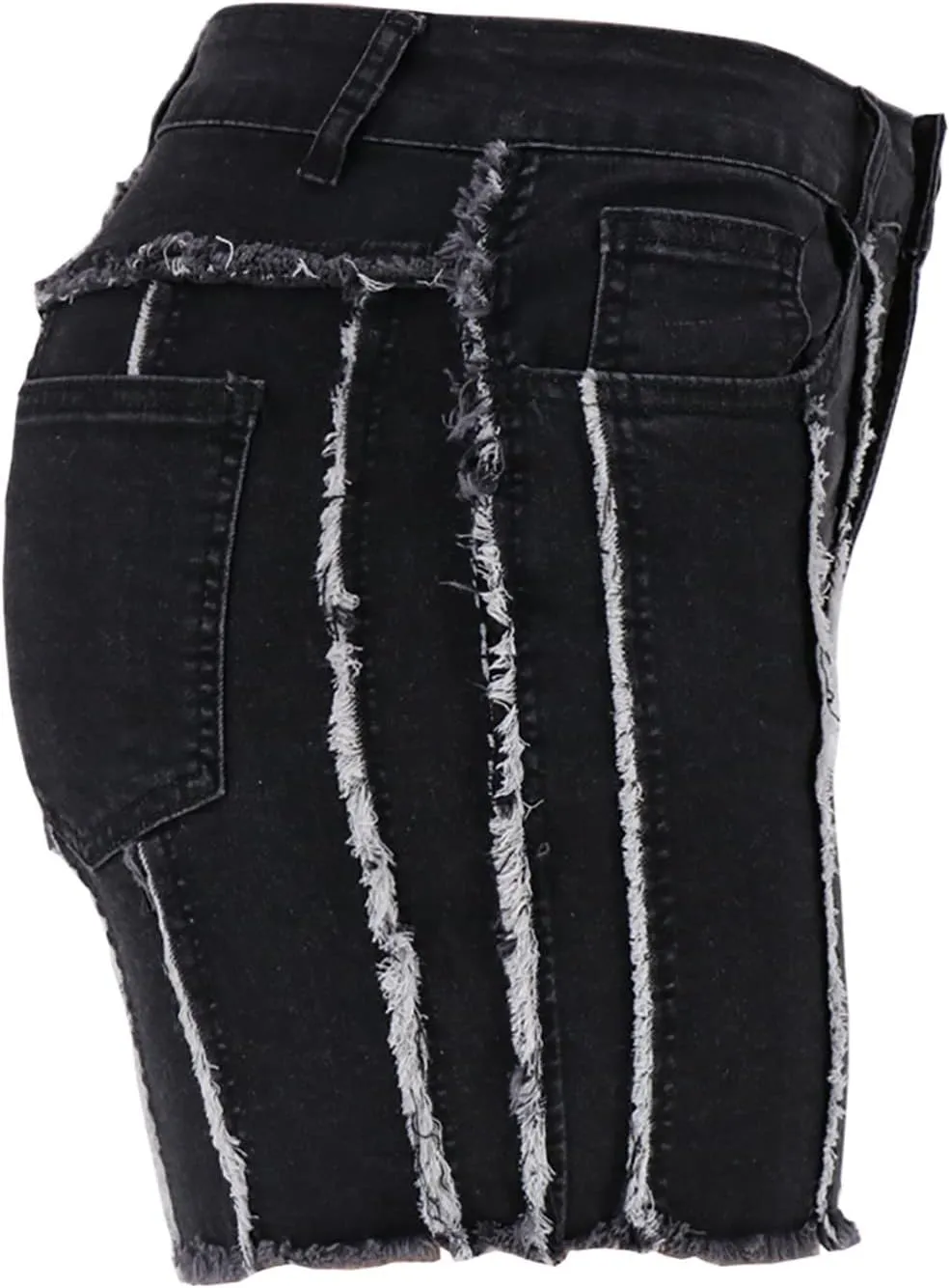 Women's Ripped Striped Denim Shorts Stretchy High Waisted Hem Frayed Distressed Jeans Short Hot Pants with Pockets
