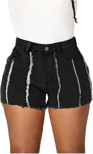 Women's Ripped Striped Denim Shorts Stretchy High Waisted Hem Frayed Distressed Jeans Short Hot Pants with Pockets