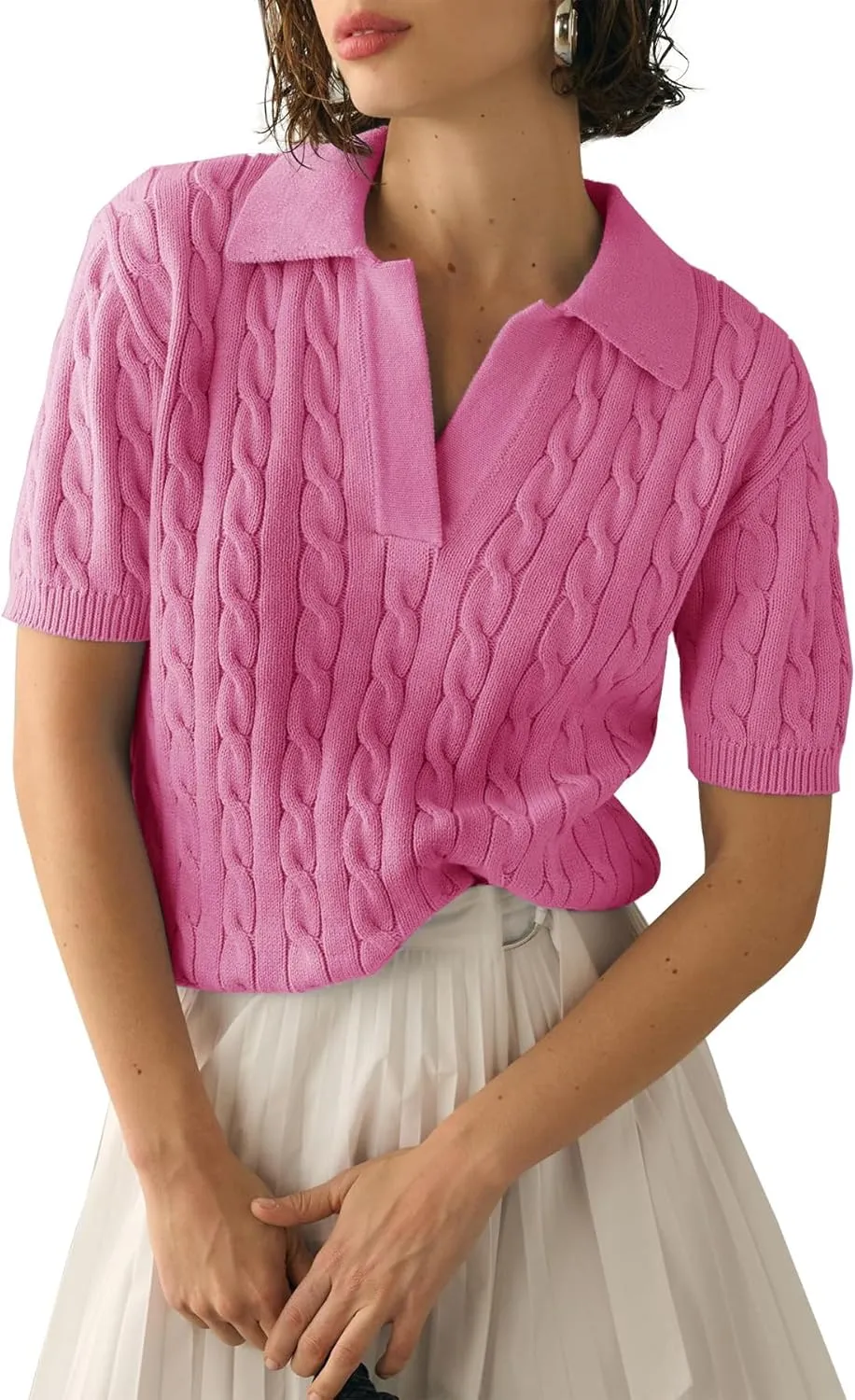 Womens Short Sleeve V Neck Sweaters Cable Knit Collared Pullover Sweater 2024 Trendy Comfy Polo Shirts