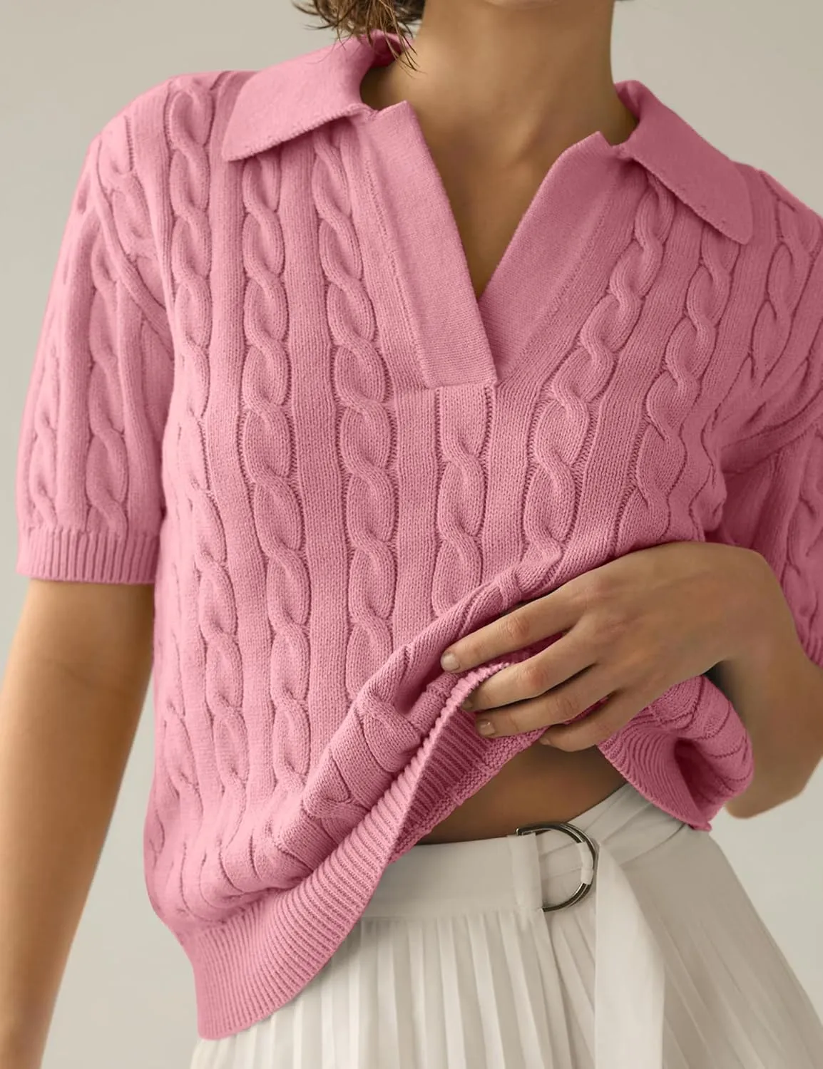 Womens Short Sleeve V Neck Sweaters Cable Knit Collared Pullover Sweater 2024 Trendy Comfy Polo Shirts