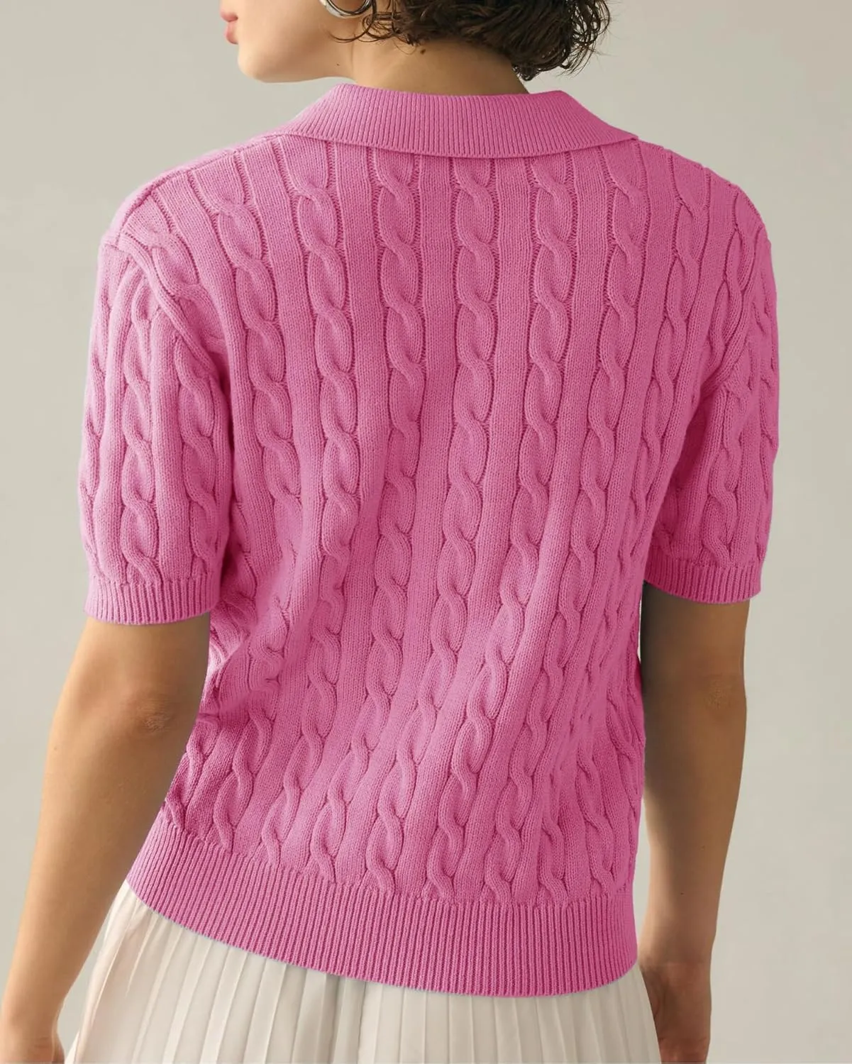 Womens Short Sleeve V Neck Sweaters Cable Knit Collared Pullover Sweater 2024 Trendy Comfy Polo Shirts