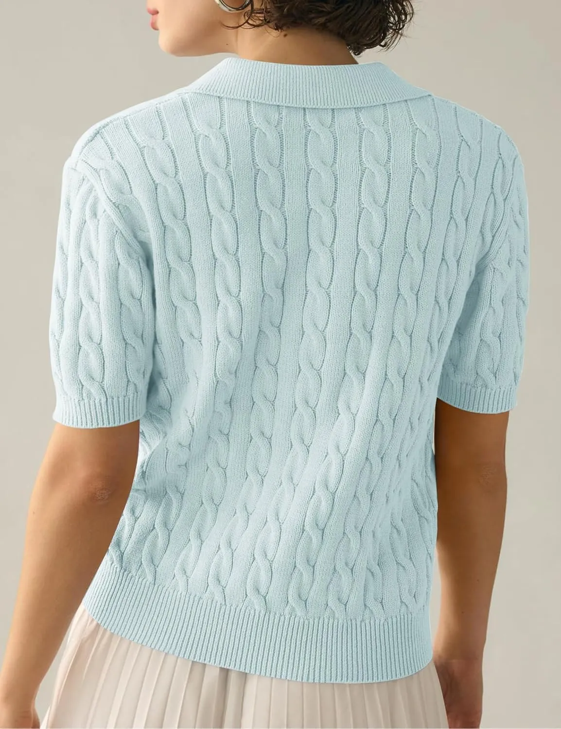 Womens Short Sleeve V Neck Sweaters Cable Knit Collared Pullover Sweater 2024 Trendy Comfy Polo Shirts