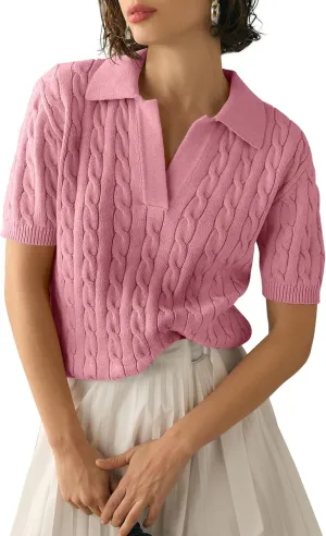 Womens Short Sleeve V Neck Sweaters Cable Knit Collared Pullover Sweater 2024 Trendy Comfy Polo Shirts
