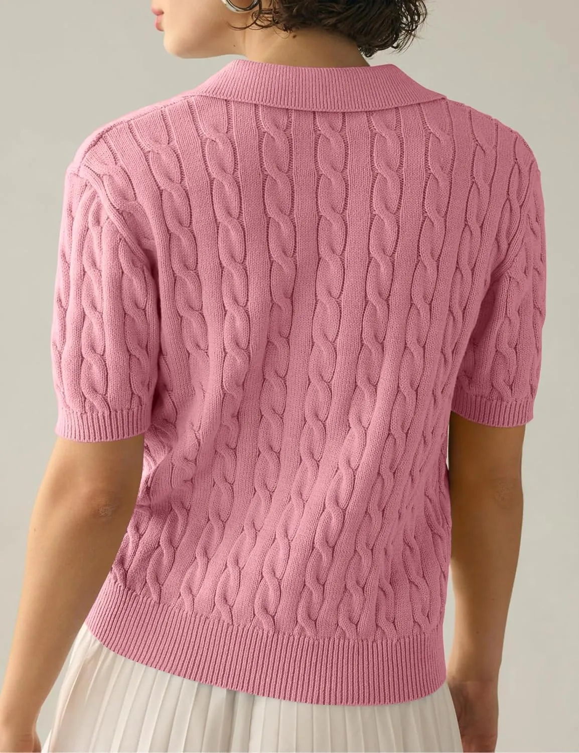 Womens Short Sleeve V Neck Sweaters Cable Knit Collared Pullover Sweater 2024 Trendy Comfy Polo Shirts