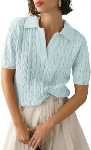 Womens Short Sleeve V Neck Sweaters Cable Knit Collared Pullover Sweater 2024 Trendy Comfy Polo Shirts