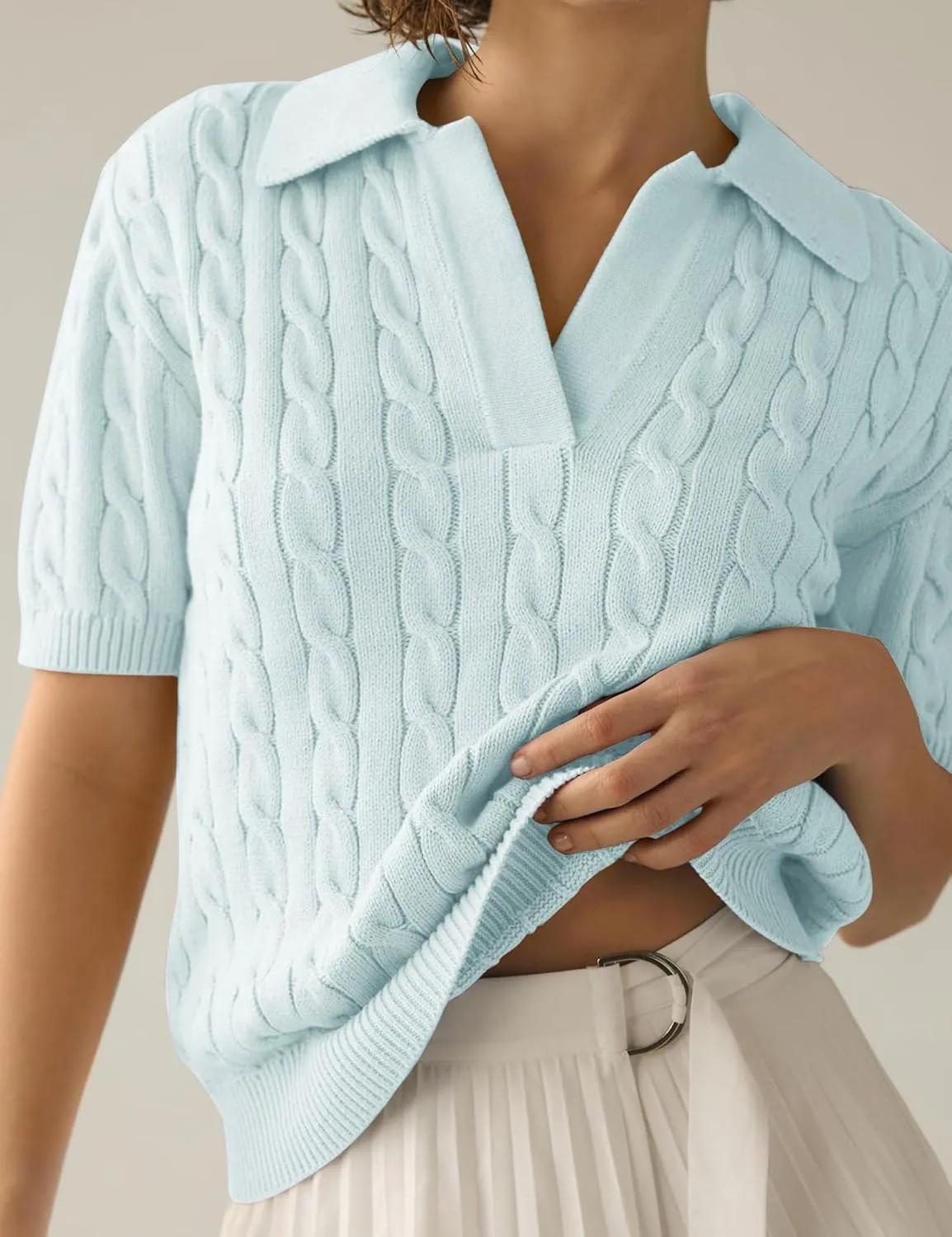 Womens Short Sleeve V Neck Sweaters Cable Knit Collared Pullover Sweater 2024 Trendy Comfy Polo Shirts
