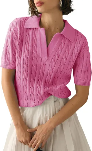 Womens Short Sleeve V Neck Sweaters Cable Knit Collared Pullover Sweater 2024 Trendy Comfy Polo Shirts