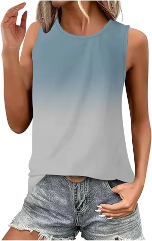 Womens Summer Tank Tops 2025 Gradient Print Basic Tunic Tops Crew Neck Sleeveless Loose Fit T Shirts