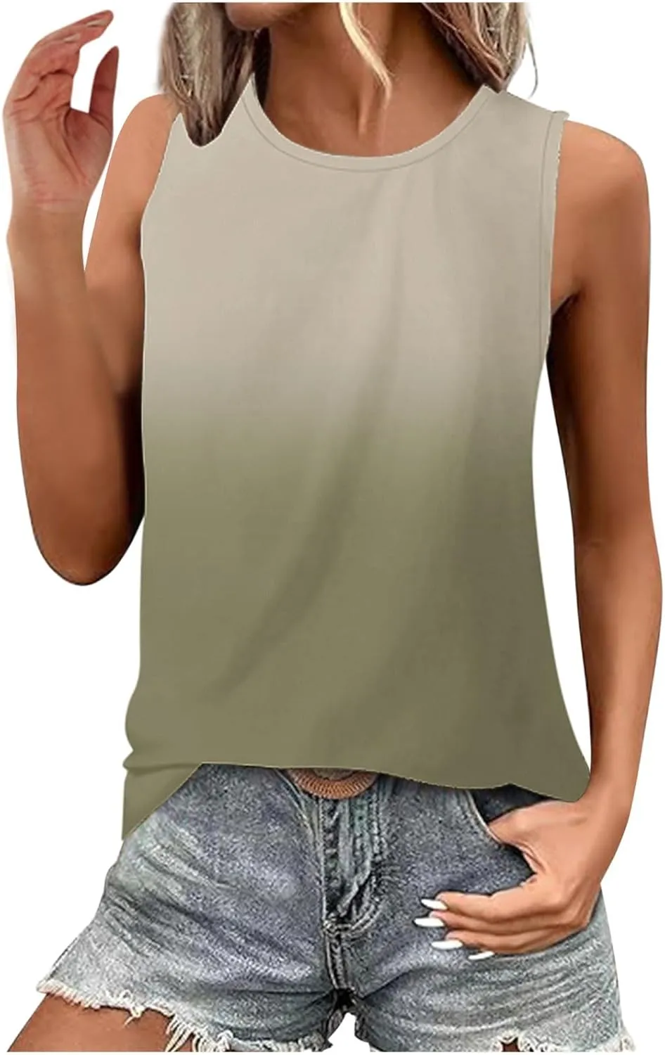 Womens Summer Tank Tops 2025 Gradient Print Basic Tunic Tops Crew Neck Sleeveless Loose Fit T Shirts