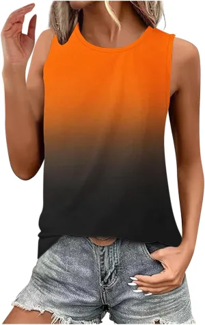 Womens Summer Tank Tops 2025 Gradient Print Basic Tunic Tops Crew Neck Sleeveless Loose Fit T Shirts