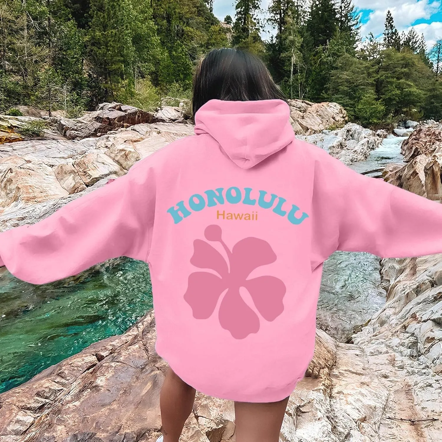 Womens Sweatshirt Graphic Hoodies Letter Print Casual Long Sleeve Drawstring Pullover Tops with Pocket, Medium